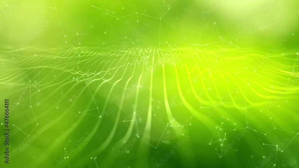 Abstract glowing green lines and dots on nature seamless looping bokeh copy space background.