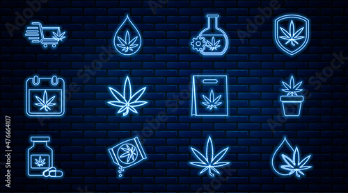 Set line Marijuana or cannabis leaf oil, plant in pot, Test tube with marijuana, Calendar and, Shopping cart, bag of and icon. Vector