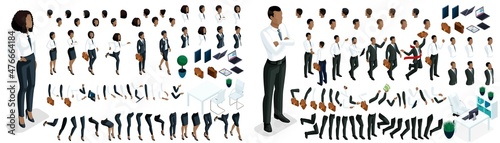 Large isometric Set of hand gestures and legs of African American woman and men 3d business lady. Create your isometric office worker for vector illustrations