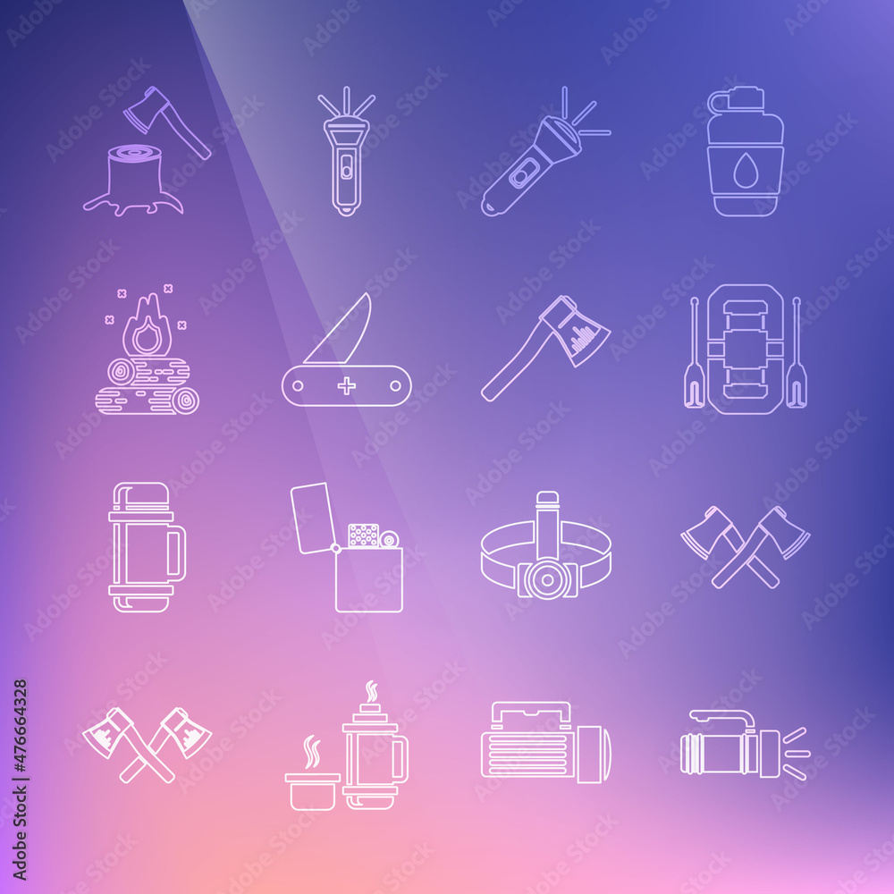 Set line Flashlight, Crossed wooden axe, Rafting boat, Swiss army knife, Campfire, Wooden stump and icon. Vector Set line Flashlight, Crossed wooden axe, Rafting boat, Swiss army knife, Campfire, Wooden stump and icon. Vector