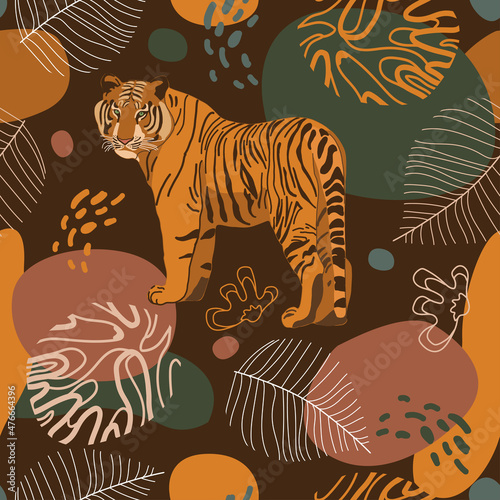 Seamless tropical pattern with tiger, leaves. African background. Design for wallpaper, textile design, packing, textile, fabric. Tropics, paradise, resort theme. Wild cat, feline