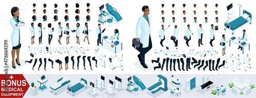 Isometric Woman and Man Doctor African American, create your 3D surgeon, sets of gestures of the feet, hands and emotions. Bonus medical equipment, set 7
