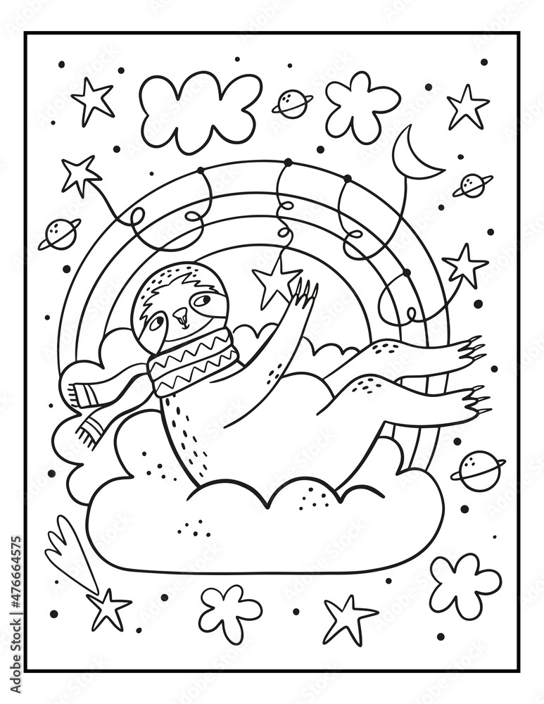 Cute cartoon coloring page with sloth. Coloring poster with sloth on ...