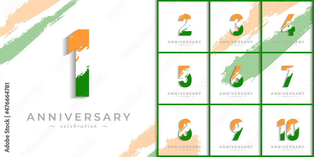 Set of Year Anniversary Celebration with Brush White Slash in Yellow Saffron and Green Indian Flag Color. Happy Anniversary Greeting Celebrates Event Isolated on White Background
