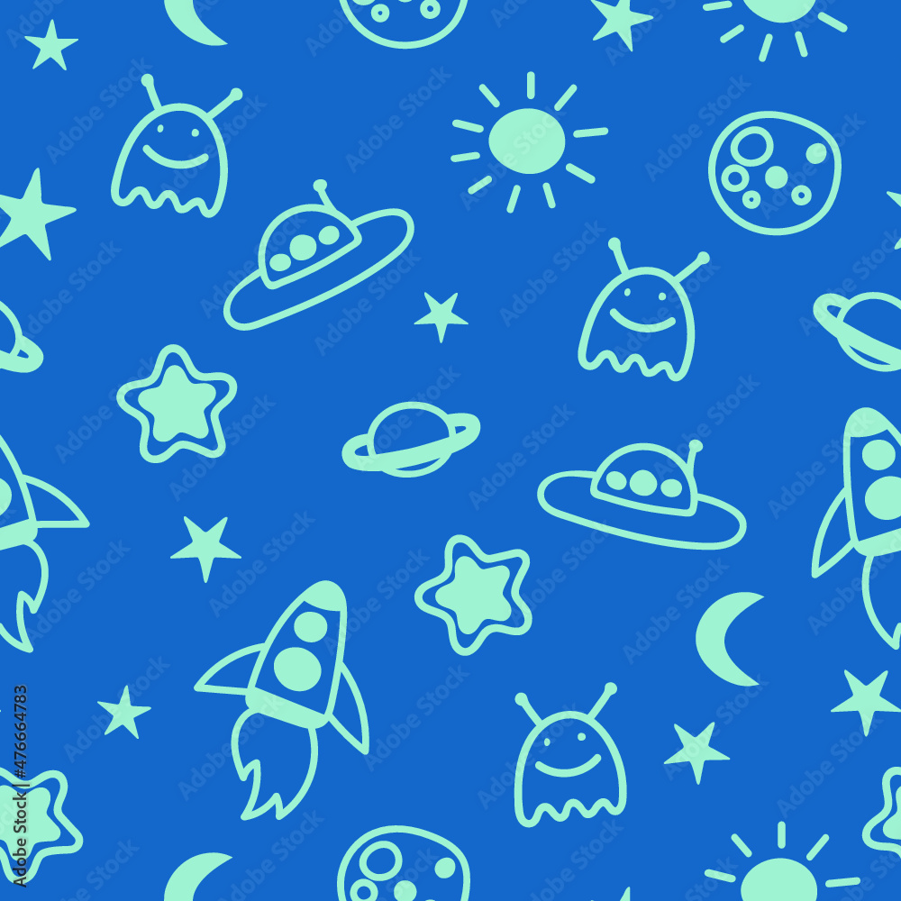 children's seamless background with space, rockets, aliens and stars