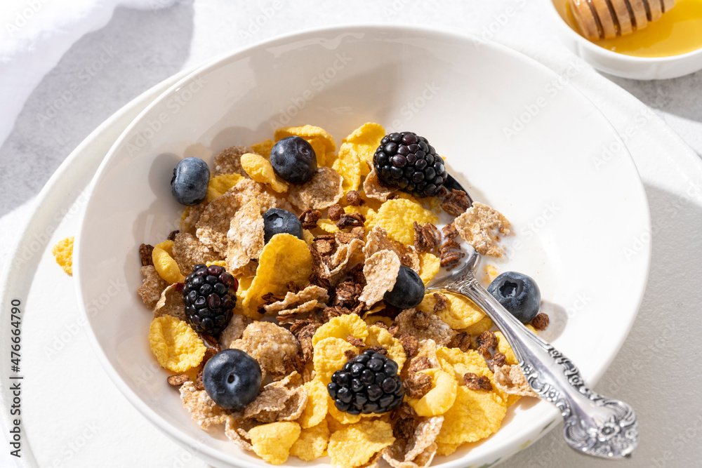 Healthy breakfast concept with oat flakes and fresh berries on white background. Healthy breakfast concept with oat flakes and fresh berries on white background.