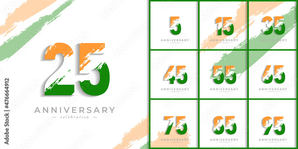 Set of Year Anniversary Celebration with Brush White Slash in Yellow Saffron and Green Indian Flag Color. Happy Anniversary Greeting Celebrates Event Isolated on White Background