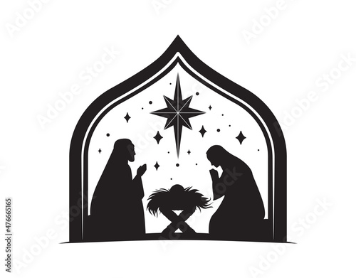 Silhouettes of people praying over child. Appearance of Jesus Christ, scenes from religious life. Bible Sketches, Christianity, Traditional Images, nursery, baby. Cartoon flat vector illustration