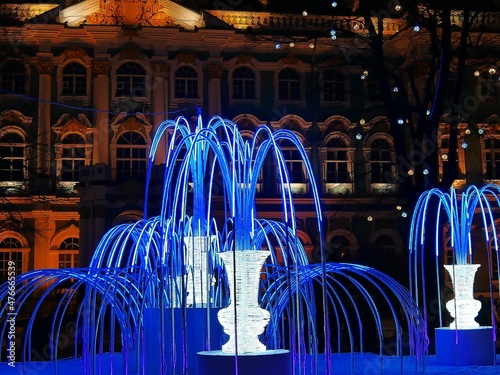 artificial blue fountains on a festive night