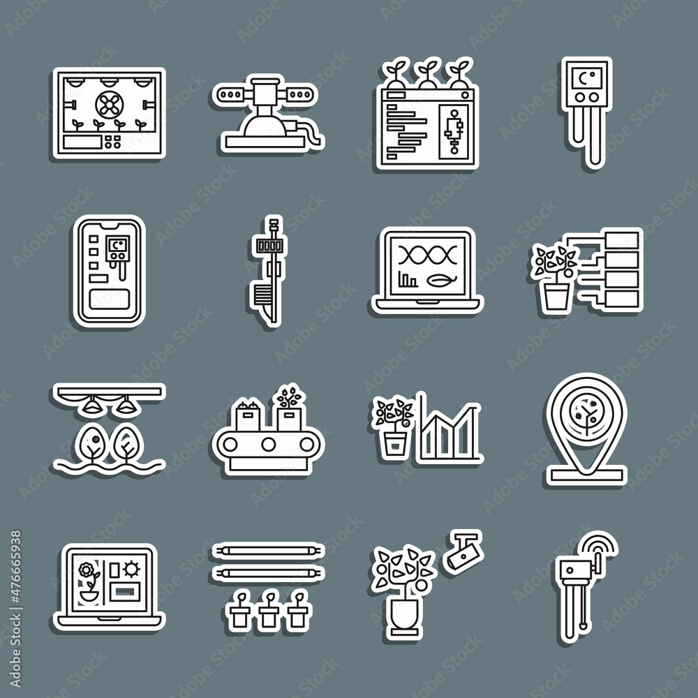 Set line Router and wi-fi signal, Location tree, Flower analysis, Smart farming technology, Standalone sensor, control system, and Genetic engineering modification icon. Vector Set line Router and wi-fi signal, Location tree, Flower analysis, Smart farming technology, Standalone sensor, control system, and Genetic engineering modification icon. Vector