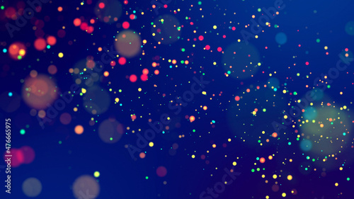 cloud of multicolored particles fly in air slowly or float in liquid like sparkles on dark blue background. Beautiful bokeh light effects with glowing particles. 3d render