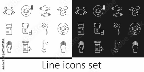 Set line Hand with psoriasis or eczema, Face, Fish, Can container for milk, Medicine bottle pills, Crab, Flower producing pollen and Fatigue icon. Vector