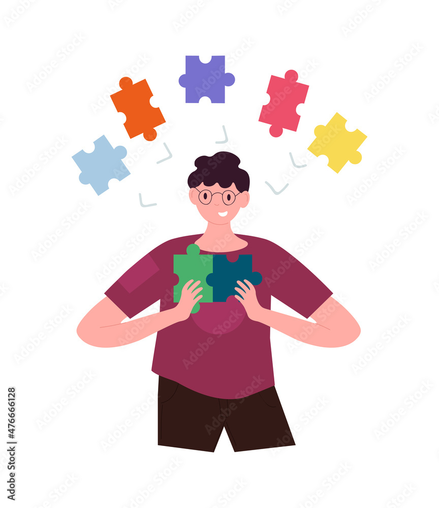 Man with puzles. Teamwork metaphor, character solves puzzle. Graphic elements for website. Society, people. Friendly guy, adult. People in different life situations. Cartoon flat vector illustration Man with puzles. Teamwork metaphor, character solves puzzle. Graphic elements for website. Society, people. Friendly guy, adult. People in different life situations. Cartoon flat vector illustration