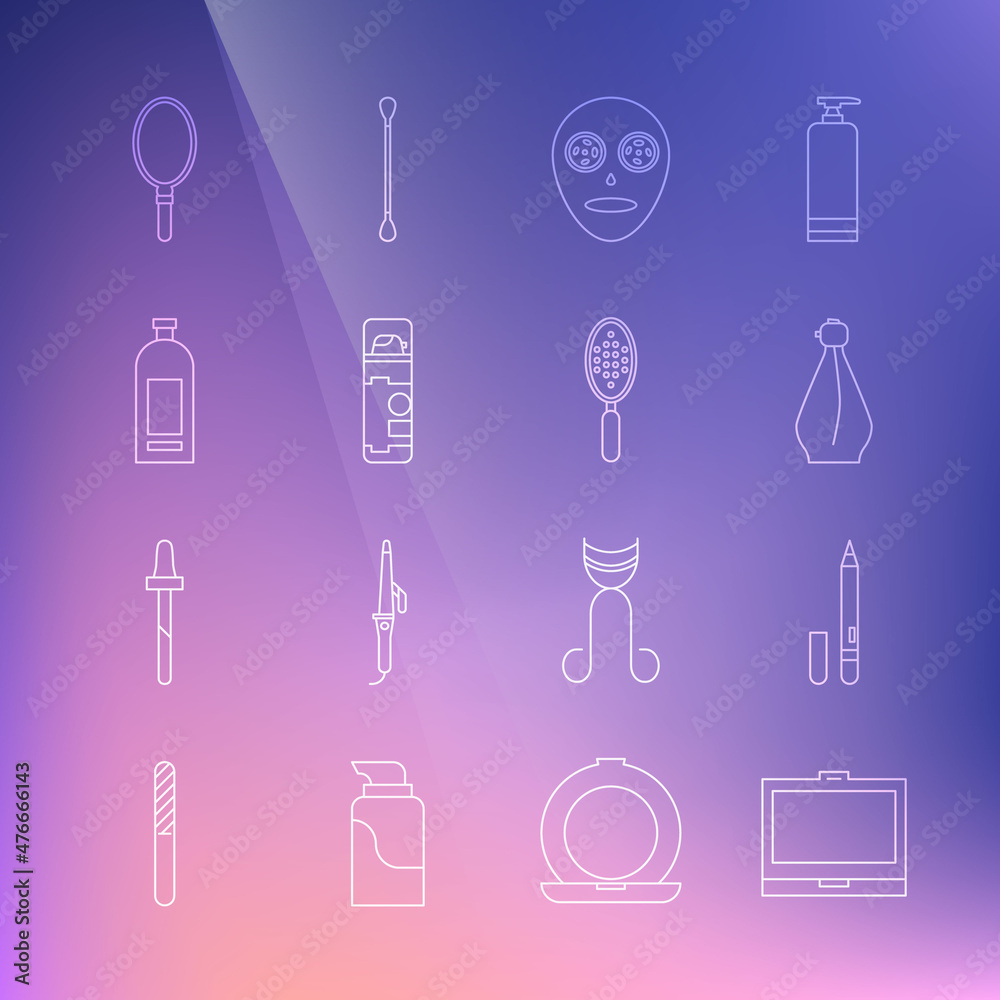 Set line Makeup powder with mirror, Eyeliner, eyebrow, Perfume, Facial cosmetic mask, Shaving gel foam, Bottle of shampoo, Hand and Hairbrush icon. Vector Set line Makeup powder with mirror, Eyeliner, eyebrow, Perfume, Facial cosmetic mask, Shaving gel foam, Bottle of shampoo, Hand and Hairbrush icon. Vector