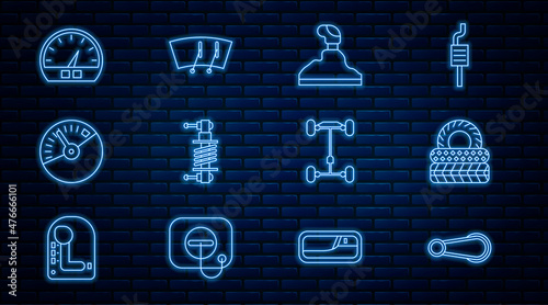 Set line Car door handle, tire, Gear shifter, Shock absorber, Speedometer, Chassis car and Windscreen wiper icon. Vector