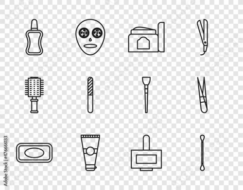 Set line Bar of soap, Cotton swab for ears, Cream cosmetic tube, Lotion, Nail polish bottle, file, and Eyebrow tweezers icon. Vector