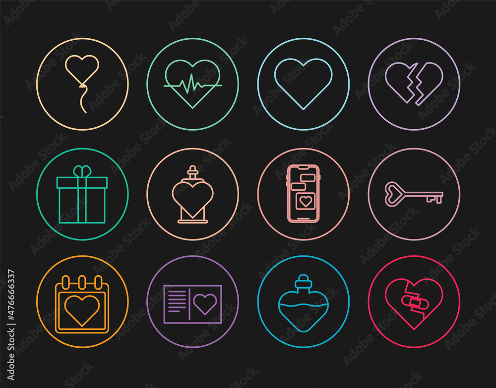 Set line Healed broken heart, Key in shape, Heart, Bottle with love potion, Gift box and, Balloon form of, Mobile and rate icon. Vector Set line Healed broken heart, Key in shape, Heart, Bottle with love potion, Gift box and, Balloon form of, Mobile and rate icon. Vector