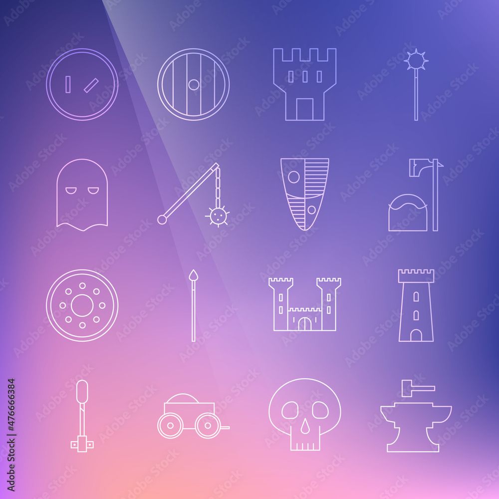 Set line Anvil for blacksmithing hammer, Castle tower, Executioner axe tree block, Medieval chained mace ball, mask, Round wooden shield and Shield icon. Vector Set line Anvil for blacksmithing hammer, Castle tower, Executioner axe tree block, Medieval chained mace ball, mask, Round wooden shield and Shield icon. Vector