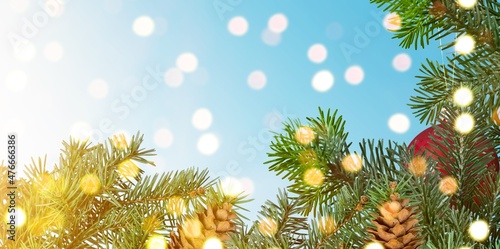Snowy Fir branches With Christmas Light and snowflakes