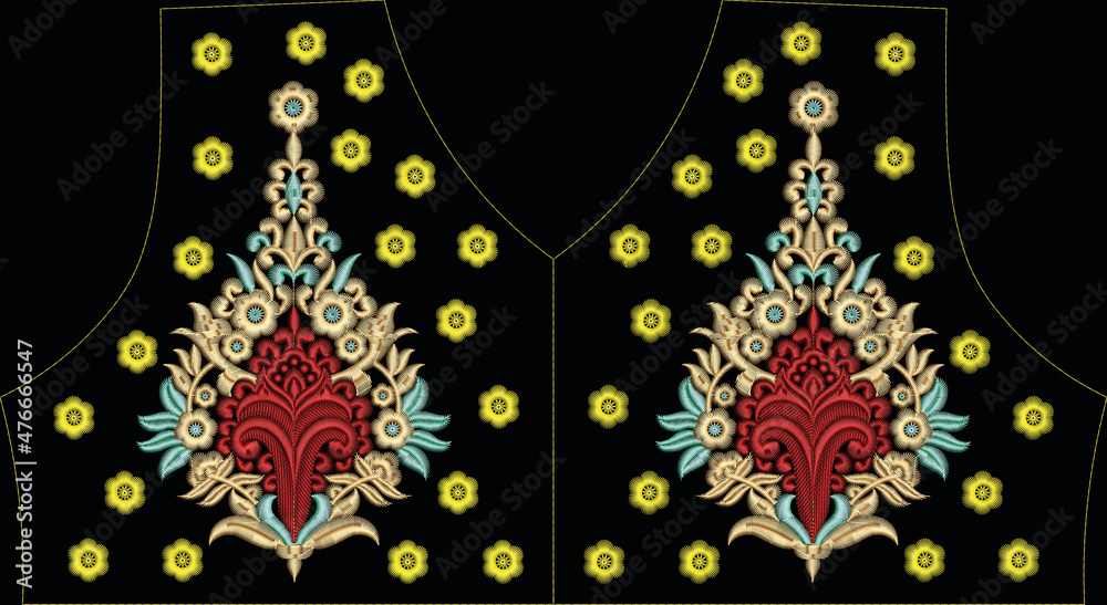 Latest embroidery design ethnic flowers neckline design