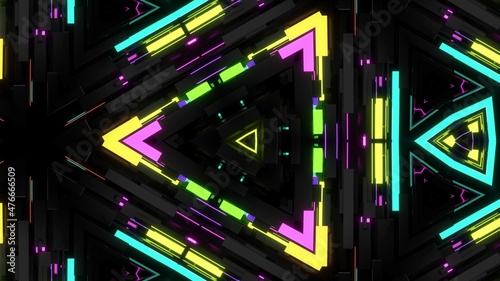 3d render. Dark neon kaleidoscope. Dark background with abstract symmetrical pattern of geometric 3d neon light. Science fiction cyberpunk bg