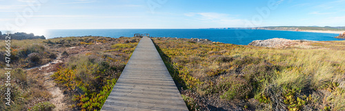 coastal landscape near Bordeira Beach Algarve, dune landscape and wooden boardwalk, Carrapateira portugal