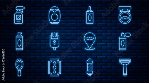 Set line Shaving razor, Aftershave bottle with atomizer, Bottle of shampoo, Electrical hair clipper shaver, gel foam, Hairdresser pistol spray, Barbershop and icon. Vector