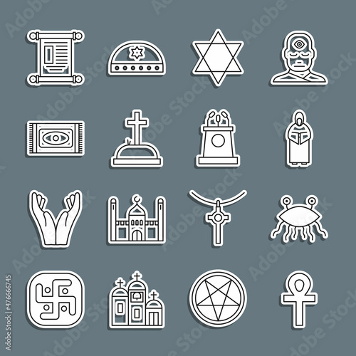 Set line Cross ankh, Pastafarianism, Monk, Star of David, Tombstone with cross, Traditional carpet, Decree, paper, parchment, scroll and Stage stand or tribune icon. Vector