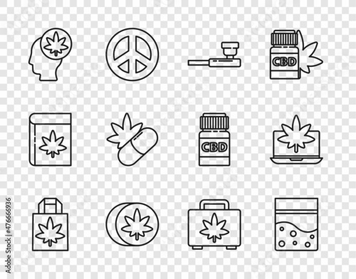 Set line Shopping paper bag of marijuana, Plastic cannabis, Smoking pipe, Herbal ecstasy tablets, Head with or, Medical pills, box and Laptop and icon. Vector