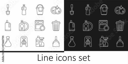 Set line Dustpan, Trash can, Bucket with rag, Dishwashing liquid bottle and plate, Fabric softener, Toilet brush, Kitchen dishwasher machine and icon. Vector