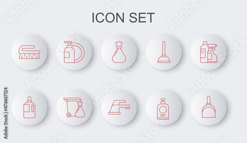 Set line Dustpan, Fabric softener, Garbage bag, Hand sanitizer bottle, Brush for cleaning, Dishwashing liquid plate, Trash can garbage and Water tap icon. Vector