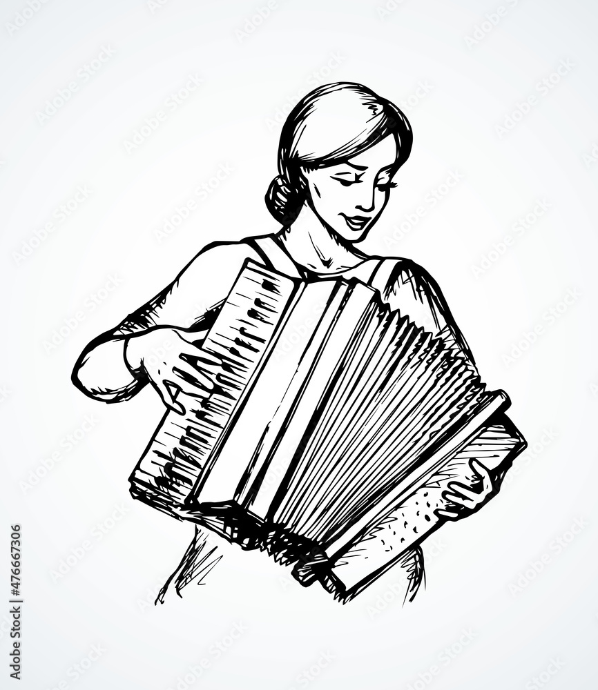 Lady plays the accordion. Vector drawing - obrazy, fototapety, plakaty 