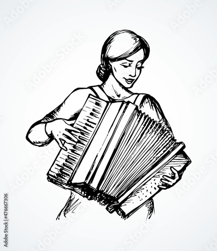 Lady plays the accordion. Vector drawing