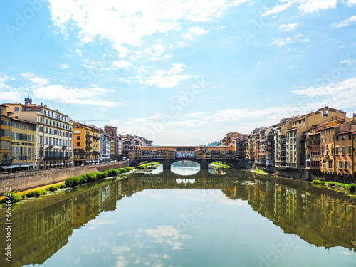 Wide view of Ponte Vecchio and Florence buildings from Ponte Santa Trinita- Florence, Italy