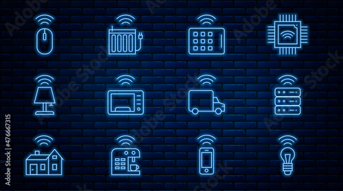 Set line Smart light bulb, server, Wireless tablet, microwave oven, lamp, mouse, truck and heating radiator icon. Vector