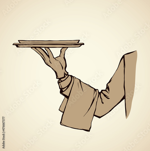Hand of waiter with dish. Vector drawing
