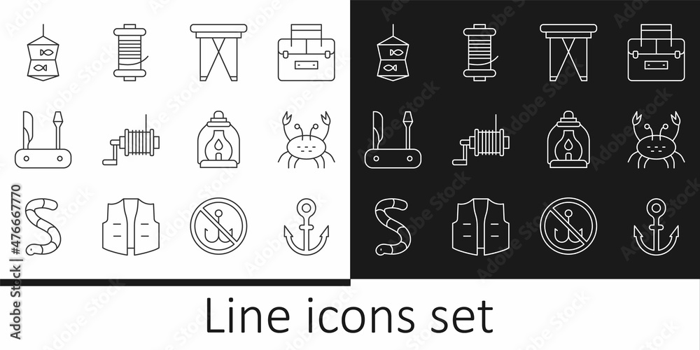 Set line Anchor, Crab, Folding chair, Spinning reel for fishing, Swiss army knife, Fishing net with, Camping lantern and icon. Vector