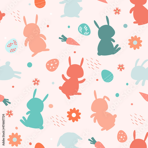 Seamless pattern of Easter bunnies and eggs. Cheerful festive spring children's print with flowers, funny animals, flowers. Vector graphics.