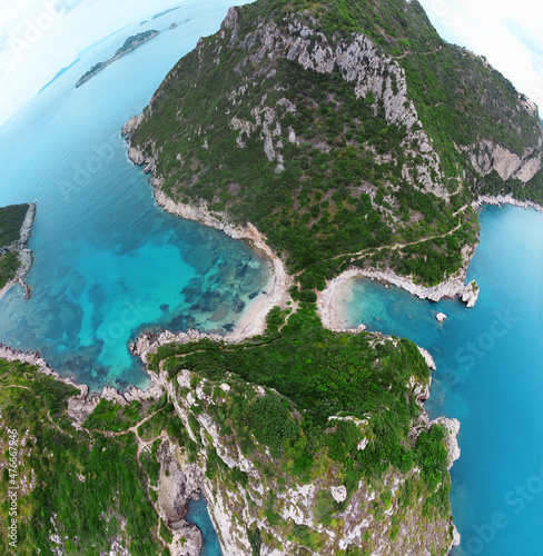 Fototapeta Naklejka Na Ścianę i Meble -  Aerial view of Porto Timoni beach and pirate bay on Corfu island in Greece. Ionian sea.