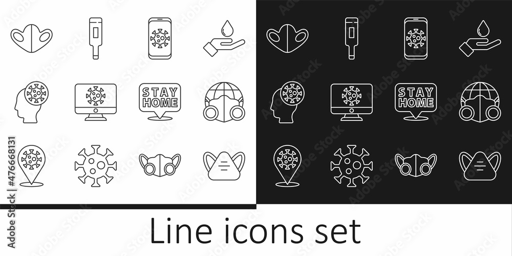 Set line Medical protective mask, Earth with medical, Virus statistics on mobile, monitor, Human and virus, Stay home and thermometer icon. Vector