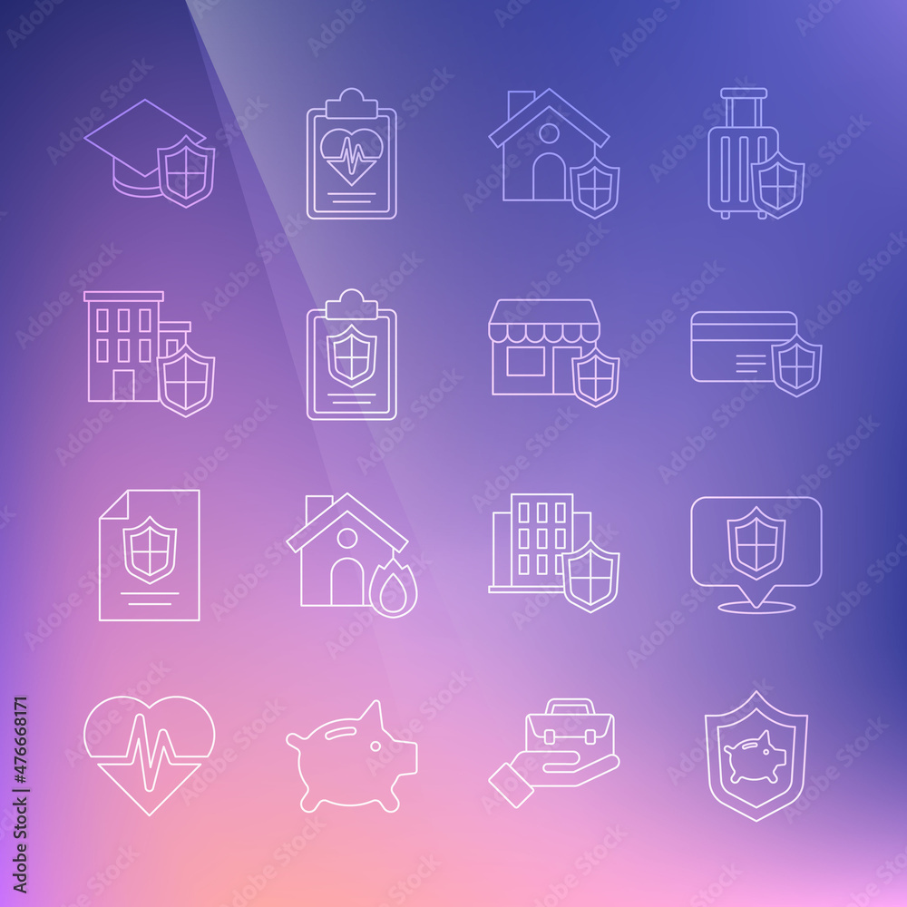 Set line Piggy bank with shield, Location, Credit card, House, Document, Graduation cap and Shopping building icon. Vector Set line Piggy bank with shield, Location, Credit card, House, Document, Graduation cap and Shopping building icon. Vector