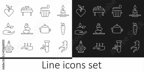 Set line Ginger root, Carrot, Sauna bucket and ladle, Stack hot stones, Leaf hand, Heart, Kettle with handle and Acupuncture therapy icon. Vector