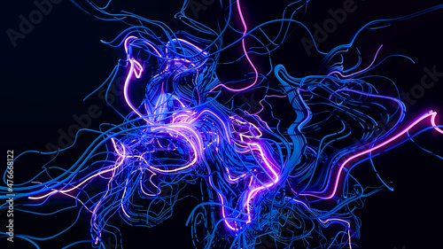 3d render. AI signals. Abstract bg with loopes. Multicolor flash of curved lines. Concept of neural network, artificial intelligence. Running neon lights like garland or lightnings. Curl noise © Green Wind