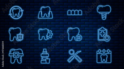 Set line Calendar with tooth, Dental card, Dentures model, Tooth treatment procedure, protection, whitening, caries and icon. Vector