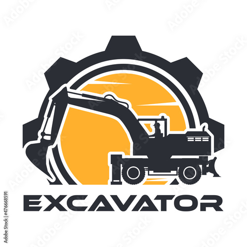 Logo with gear and operator driving a heavy machinery wheeled excavator.