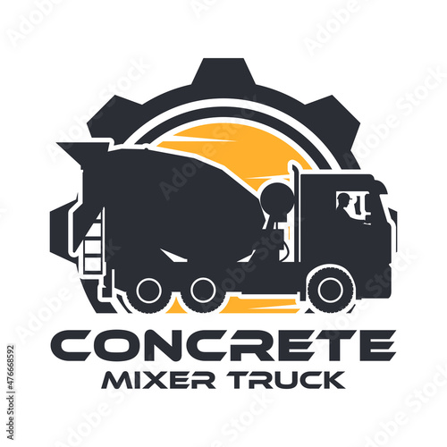 Heavy machinery label with operator driving concrete mixer truck with gear in the background