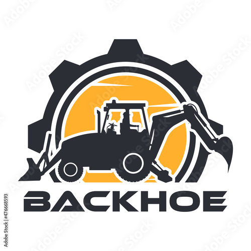 Heavy machinery logo with operator driving a backhoe with a gear in the background