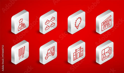 Set line Cup of tea with tea bag, Indian spice, Rosary beads religion, Bollywood indian cinema, Gate Delhi, man plays flute, Taxi tuk tuk and Aroma sticks, incense icon. Vector