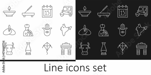 Set line India Gate in Delhi, map, Independence day, Indian man plays flute, headgear turban, Aroma lamp, Hamsa hand and Scented spa stick icon. Vector