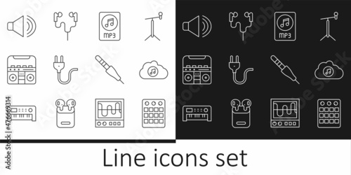 Set line Drum machine, Music streaming service, MP3 file document, Electric plug, Home stereo with speakers, Speaker volume, Audio jack and Air headphones icon. Vector